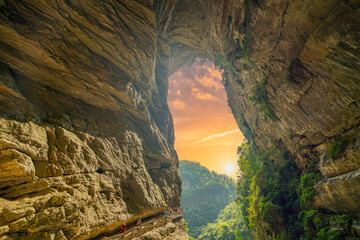 Karst terrain, rock pits formed by wind erosion, and tourist trails underneath. The Three Natural...