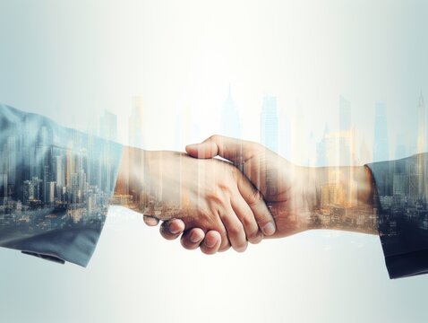 Double exposure of businessman shaking hand after  agreement.