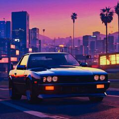 Ai renders a Cyberpunk photo of a 1980s retro car neon purple driving through Hong Kong back view far away of a sports car driving through a modern city at sunset.