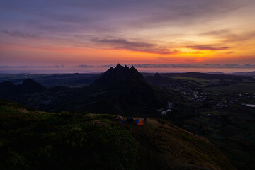 Aerial view of sunrise from top of le pouce mountain in Mauritius island