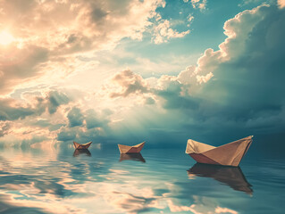 Paper Boats Floating in a Dreamlike Cloudy Sky