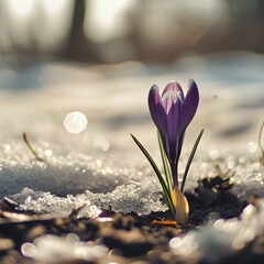 A single purple crocus emerging from melting snow, with a soft-focus background and warm sunlight...