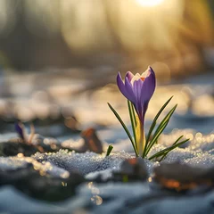 Fotobehang A single purple crocus emerging from melting snow, with a soft-focus background and warm sunlight filtering through © PSCL RDL
