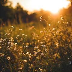 abstract soft focus sunset field landscape of white flowers and grass meadow warm golden hour sunset sunrise time tranquil spring summer nature closeup and blurred forest background idyllic nature