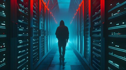 back view of hacker in hoodie standing among illuminated servers, Realistic picture, Data thief - obrazy, fototapety, plakaty