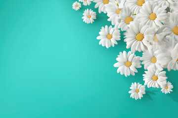 Beautiful spring flowers on the turquoise pastel color background. Springtime composition with copy space.