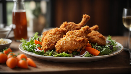 crispy fried chicken on a plate with salad and carrot - obrazy, fototapety, plakaty