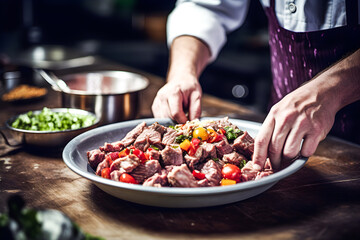 Bulgarian cuisine. Gyuvech baked meat and vegetable stew served with greens in clay pot