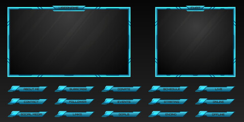 Stream Overlay Futuristic Neon Blue Webcam Frame and Stream Alert Screen GUI Panels for Gaming and Video Streaming Platforms - obrazy, fototapety, plakaty