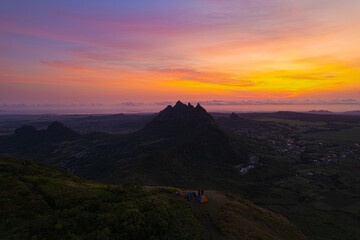Aerial view of sunrise from top of le pouce mountain in Mauritius island
