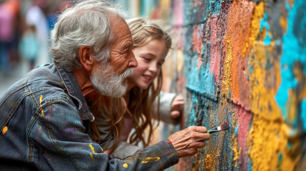 Grandfather and Granddaughter Painting a Mural Together