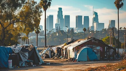Refugee camp shelter for homeless in front of Los Angeles City Skyline - obrazy, fototapety, plakaty
