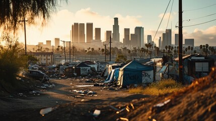 Refugee camp shelter for homeless in front of Los Angeles City Skyline - obrazy, fototapety, plakaty