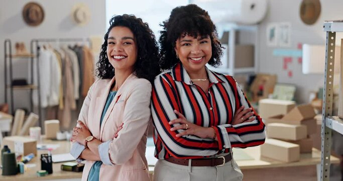 Designer women, arms crossed and teamwork in workshop with face, pride or fashion in retail boutique. Entrepreneur partnership, small business owner or portrait for clothes, boxes or fabric in shop