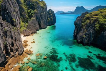 Stunning cliff and clear waters of El Nido, Palawan from above - obrazy, fototapety, plakaty