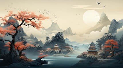 Illustration of a Chinese landscape with mountains, pagoda and lake - obrazy, fototapety, plakaty