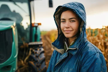 Schilderijen op glas Portrait of smiling farm woman in front of a tractor © Jürgen Fälchle