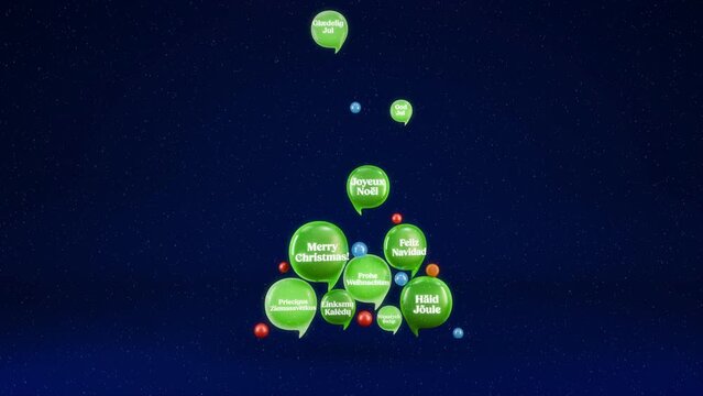 christmas tree made of chat bubbles with holiday wishes in different languages on blue background