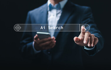 Ai tech concept, businessman touching AI search engine bar for data search optimization by artificial intelligence technology.
