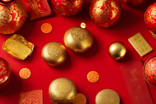 Chinese new year festival decorations pow or red packet, orange and gold ingots or golden lump on a red background