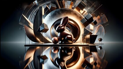 Image artistique d'un lapin en chocolat noir, intégré dans un décor abstrait et réfléchissant, évoquant un mélange de réalité et d'art.