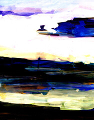 Abstract landscape by the lake. Colorful sky, sunset in the clouds, painting