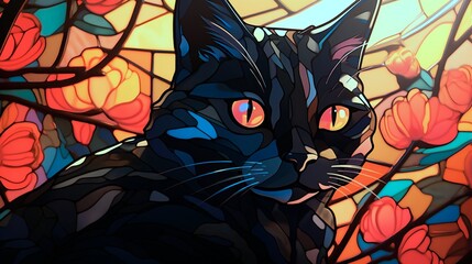 A black cat nestled in a patch of sunlight streaming through a stained glass window, surrounded by vibrant hues.