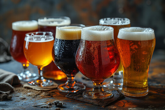 Assortment of Craft Beers in Various Glasses
