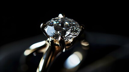 Close up, diamond engagement ring rotating against black studio background