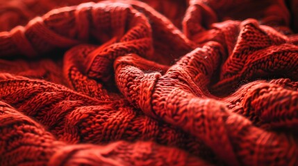 Closeup of Red Knit Sweater Blanket Fabric Textile Background