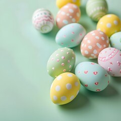 Fototapeta na wymiar Colorful Easter eggs on a pastel green background.
