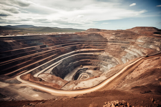 Aerial view of a large open pit mining area
