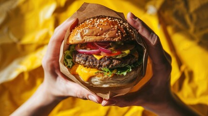 Hands holding a burger, yellow background