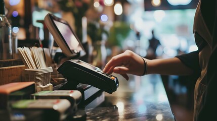 Customer Making a Modern Payment Transaction Using Contactless Technology  - obrazy, fototapety, plakaty
