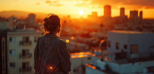 Urban Landscape Photography, Person wearing denim and cotton contemplation sunset over the city, rooftop view, modern casual, golden hour glow, warm oranges and city greys, relaxed denim outfit.