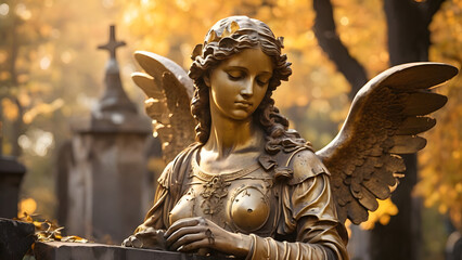 A fragment of ancient sculpture angel in a golden glow in the old cemetery.