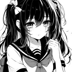 sad girl expression - anime black and white (artwork 1)