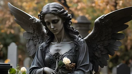 Fototapeten Sculpture of an angel with wings at a funeral in a cemetery near a gravestone. The angel of death and life meets the soul of the deceased © Hanna Ohnivenko