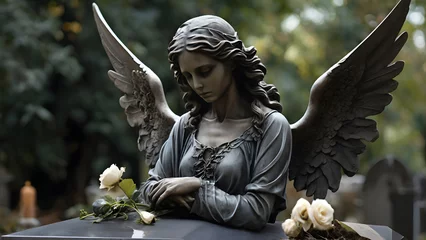 Rolgordijnen Sculpture of an angel with wings at a funeral in a cemetery near a gravestone. The angel of death and life meets the soul of the deceased © Hanna Ohnivenko
