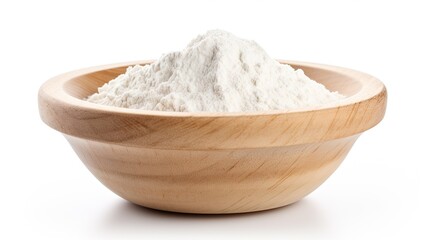 Flour in wooden bowl isolated on white background