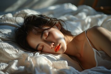 Beautiful young woman sleeping on bed at home in the morning. - obrazy, fototapety, plakaty