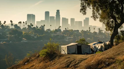 Foto op Canvas Refugee camp shelter for homeless in front of Los Angeles City Skyline © RABEYAAKTER