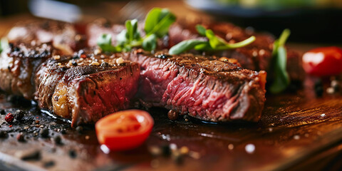 Juicy steak on the table. Generative AI. - obrazy, fototapety, plakaty
