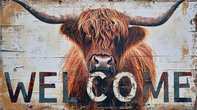 scottish highland cattle with big horns with welcome sign