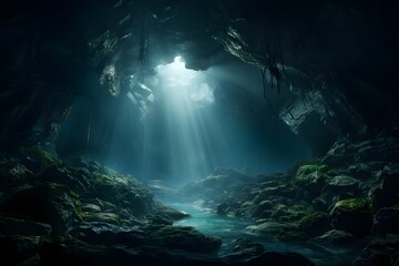 A dark, gloomy, mysterious stone cave with light coming from the ceiling. - obrazy, fototapety, plakaty