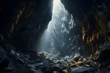 A dark, gloomy, mysterious stone cave with light coming from the ceiling. - Powered by Adobe