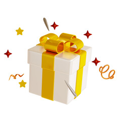 White surprise gift box with golden ribbon and bow