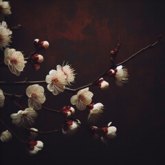 chinese plum flowers on rusty dark background closeup. ai generative