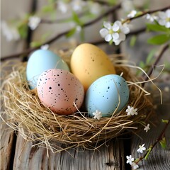 Fototapeta na wymiar Pastel Easter Eggs in Straw Nest on Wooden Background.