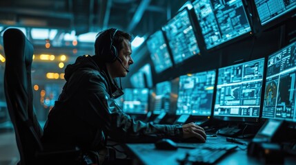 Surveillance Room, security officer monitoring screens, close-up shot, control room with multiple data displays, touchscreen interface